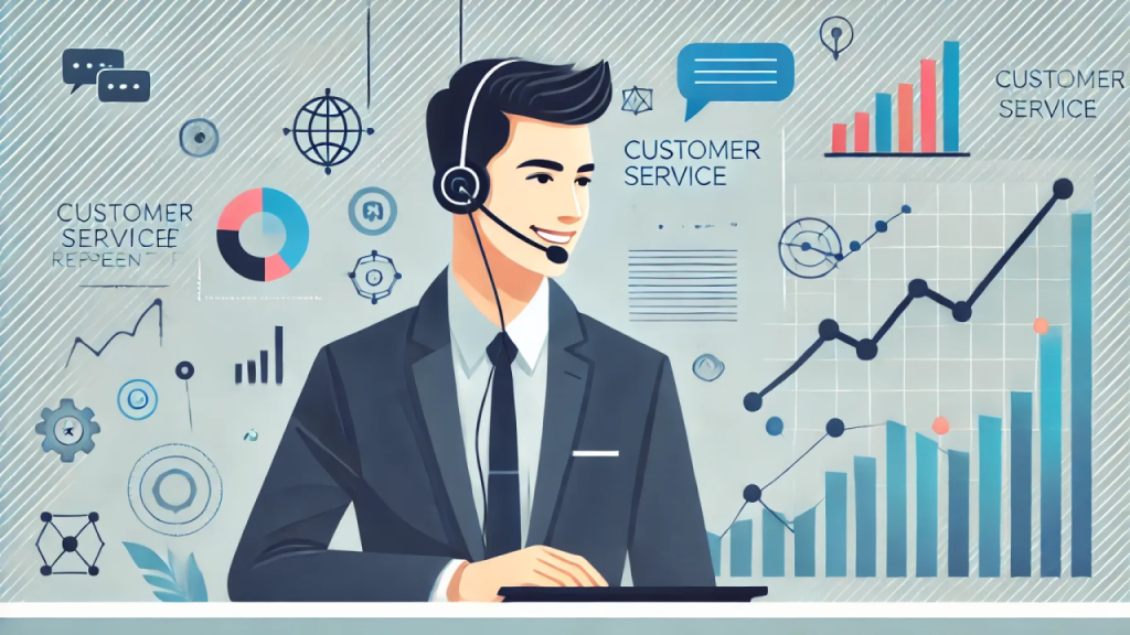 cartoon image of a customer sales rep at a computer