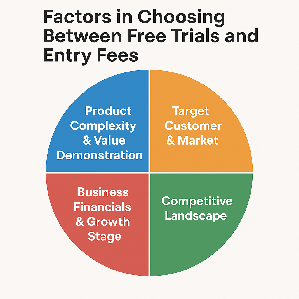 Infographic showing factors in choosing between free trials and entry fees.