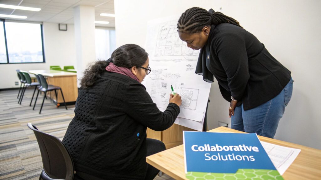 Collaborative Solutions, two women at a whiteboard mapping out solutions with a collaborative solutions workbook on the desk.