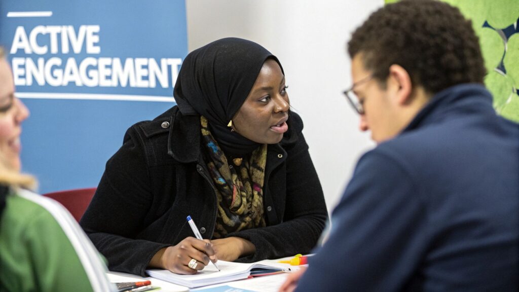 woman at table with two other people in a meeting with "active engagement" written on the wall