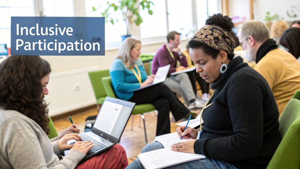 Inclusive participation image with two women taking notes, one on the computer.