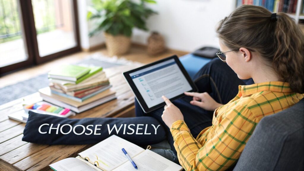 image with "choose wisely" and girl on laptop.