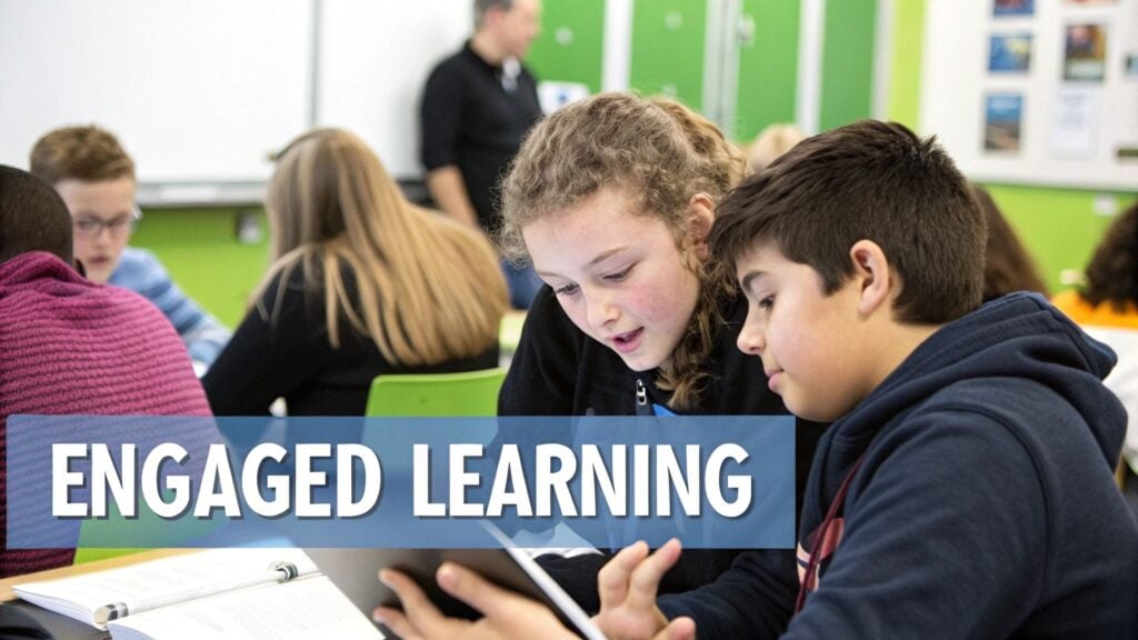 engaged learning children around table looking at ipad.