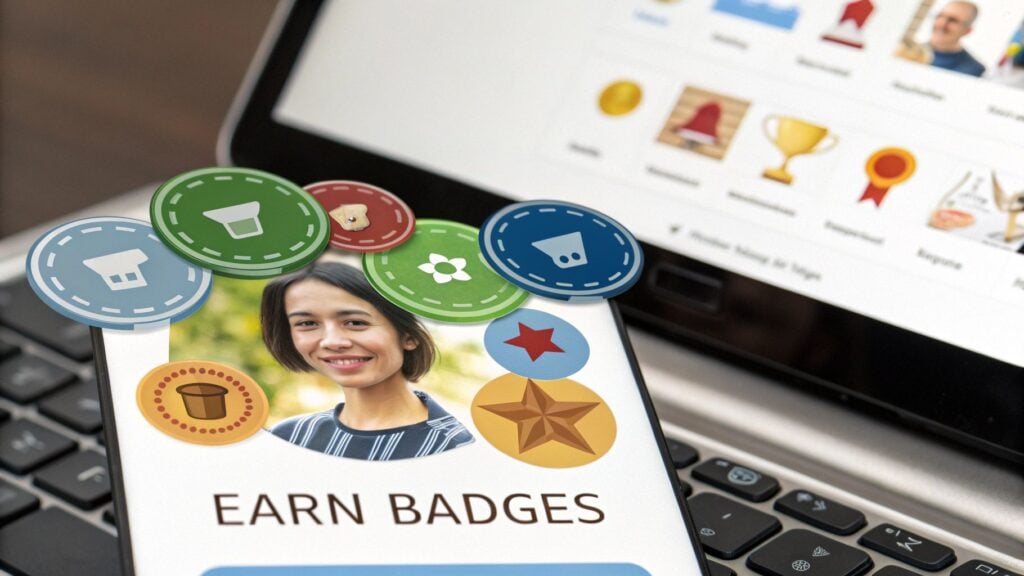 a user profile with gamification badges all around it and the text "earn badges"
