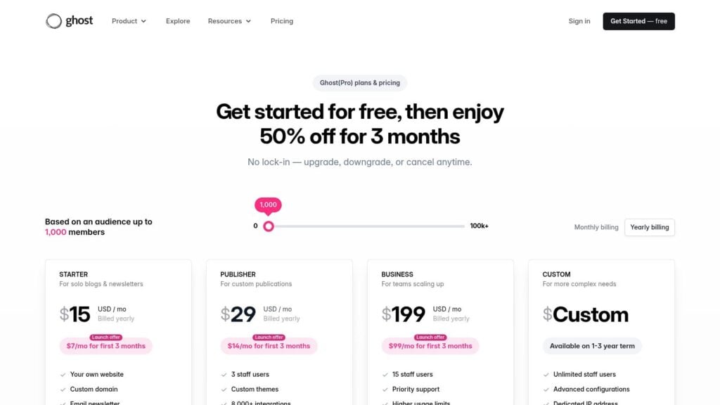 Ghost pricing page