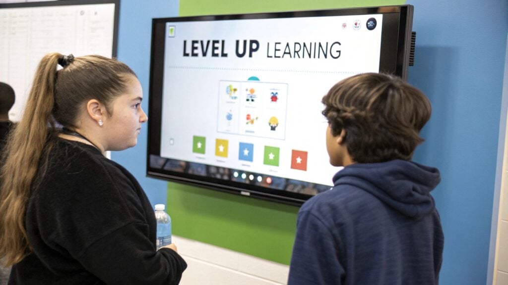 Kids looking at a screen that has gamification badges on it and "level up learning" at the top