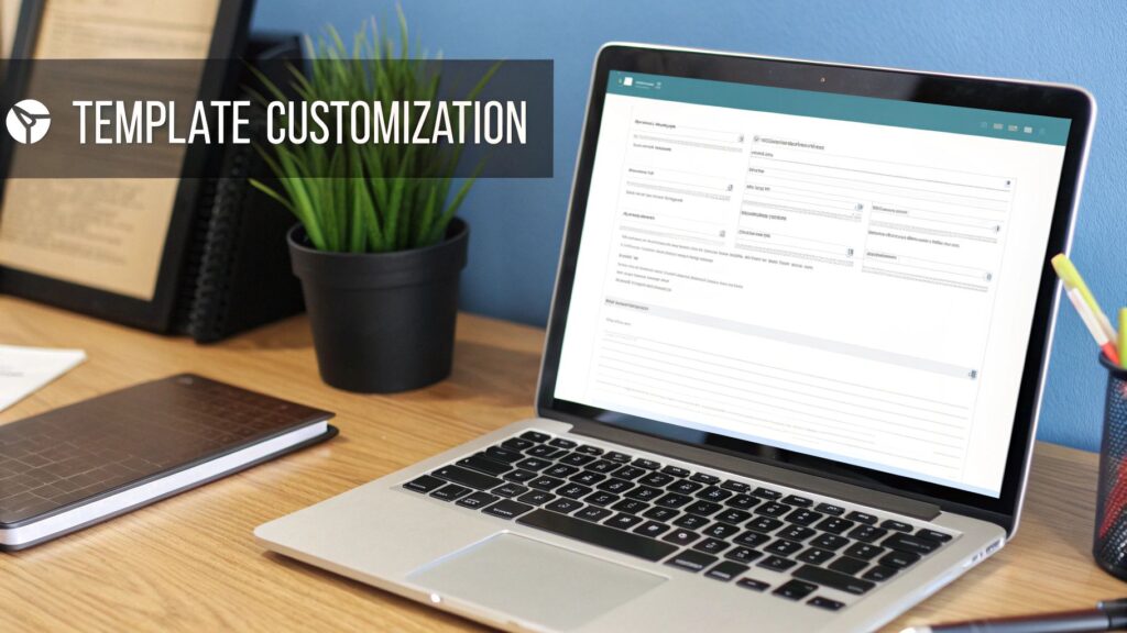 Laptop open with a TNA form and text that says Template Customization