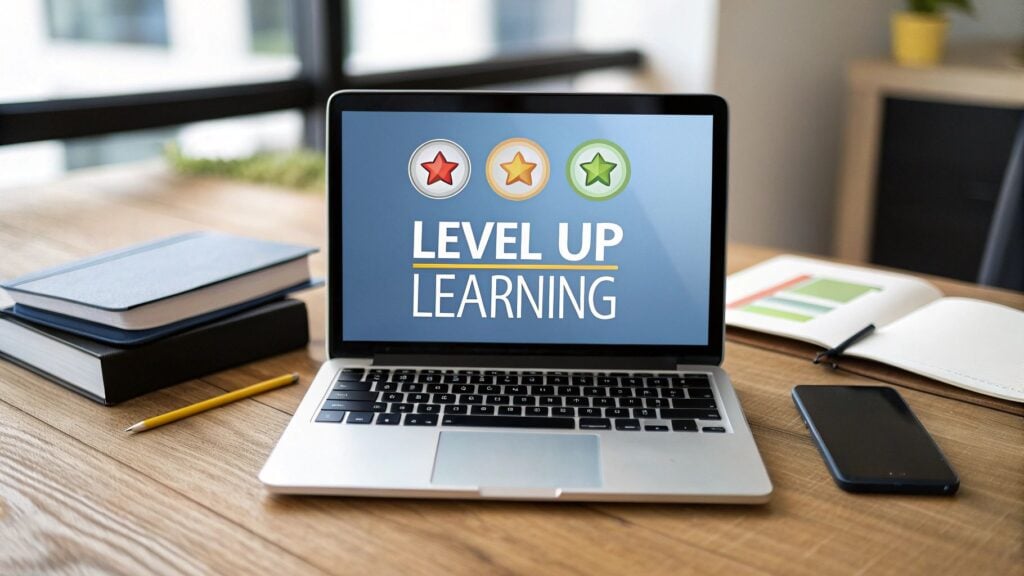 computer with words "level up learning" on it representing gamification in elearning