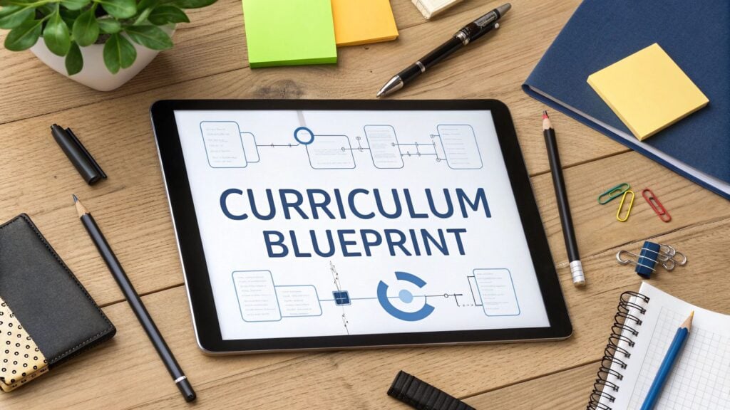 Ipad with "curriculum blueprint" written on it, sitting on a desk.