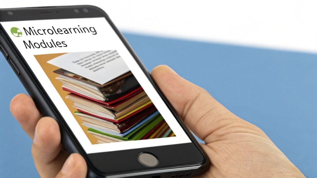 An illustration showing a large book being broken down into smaller, manageable digital chunks on a phone, representing microlearning.