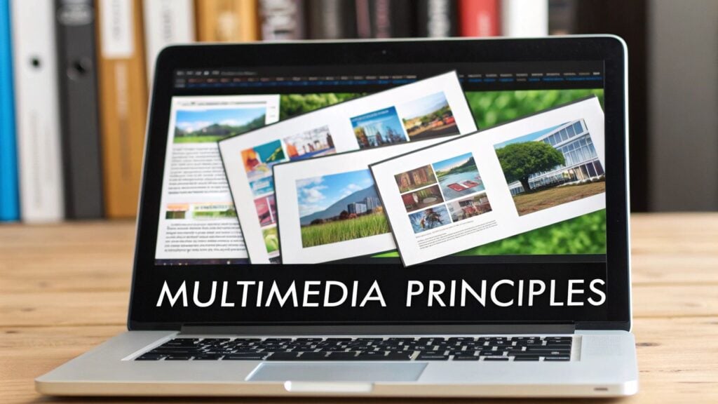 An illustration depicting various multimedia learning principles such as coherence, signaling, and redundancy with icons and brief descriptions.