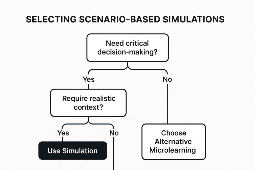 A decision tree showing when to use scenario-based simulations for microlearning.