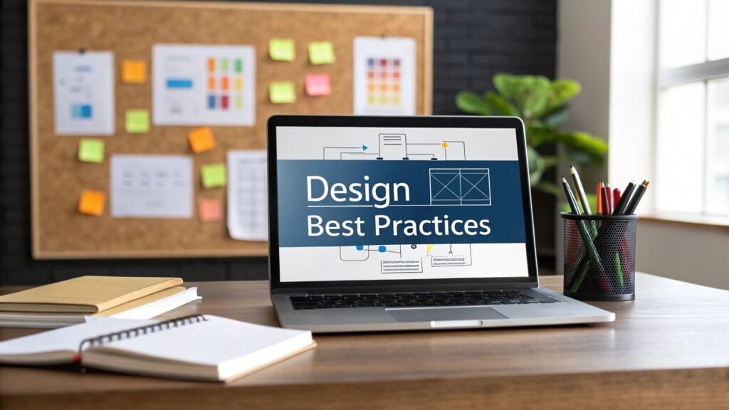 computer on desk that says "design best practices"