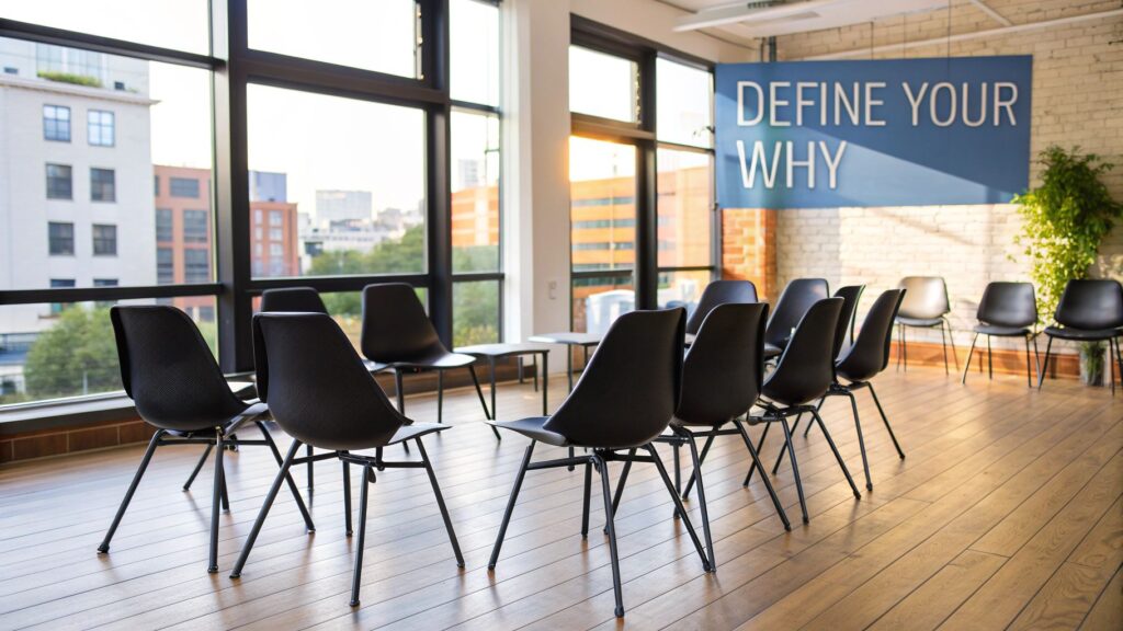 A group of diverse people sitting around a table, collaborating and smiling, representing a successful community.