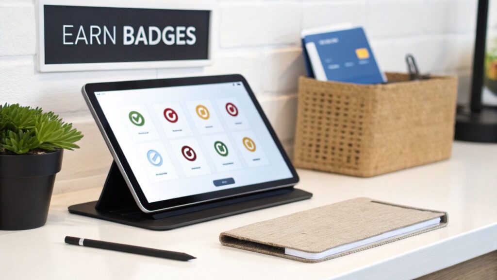 A person interacting with gamified elements on a futuristic screen.