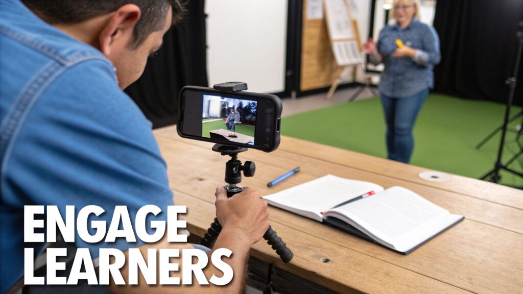 A person sitting at a desk with a laptop, creatively planning an engaging online course.