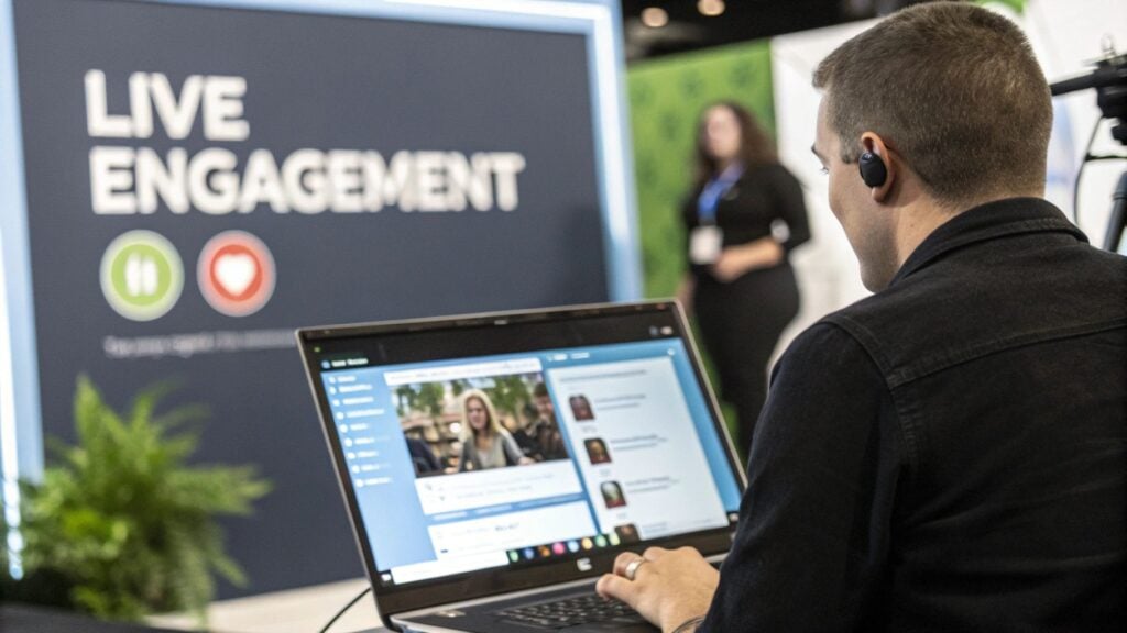 A person using a laptop to design an interactive webinar presentation.