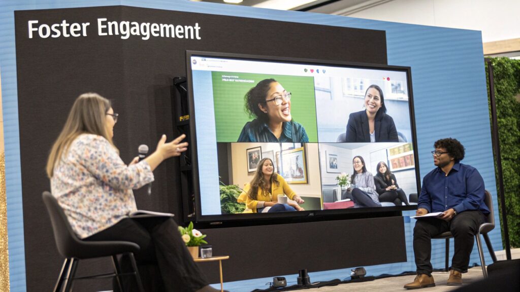 A diverse group of people engaged in an animated conversation during a virtual meeting on a laptop screen, showing community engagement.