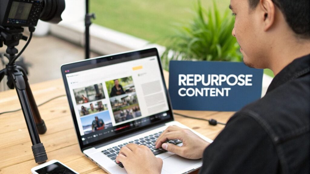 A person repurposing a webinar recording into smaller video clips on a laptop.