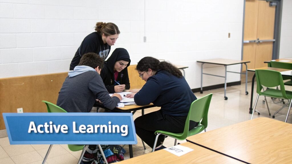 A group of diverse learners collaborating on a project around a table, with laptops and colorful sticky notes.