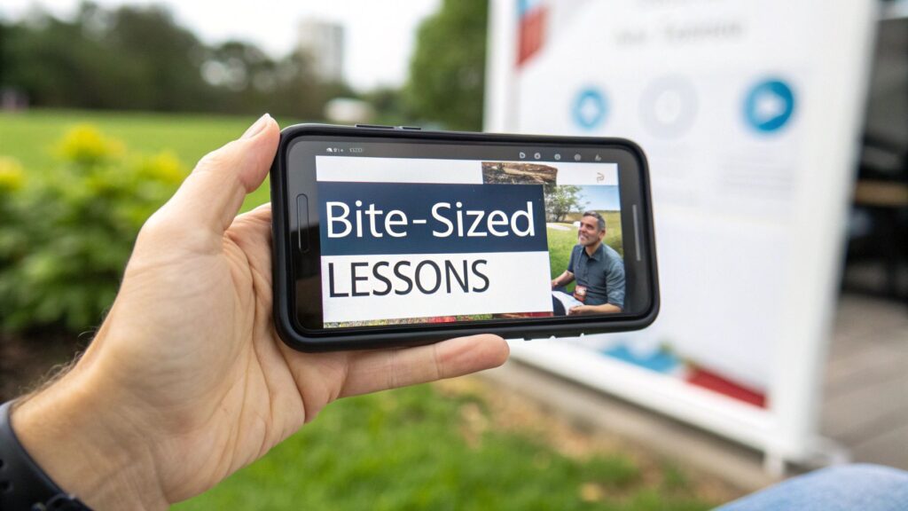 Hand holding smartphone displaying bite-sized lessons presentation for mobile learning management system