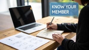 A person writing notes at a desk with a laptop and documents, featuring a 'KNOW YOUR MEMBER' text overlay.