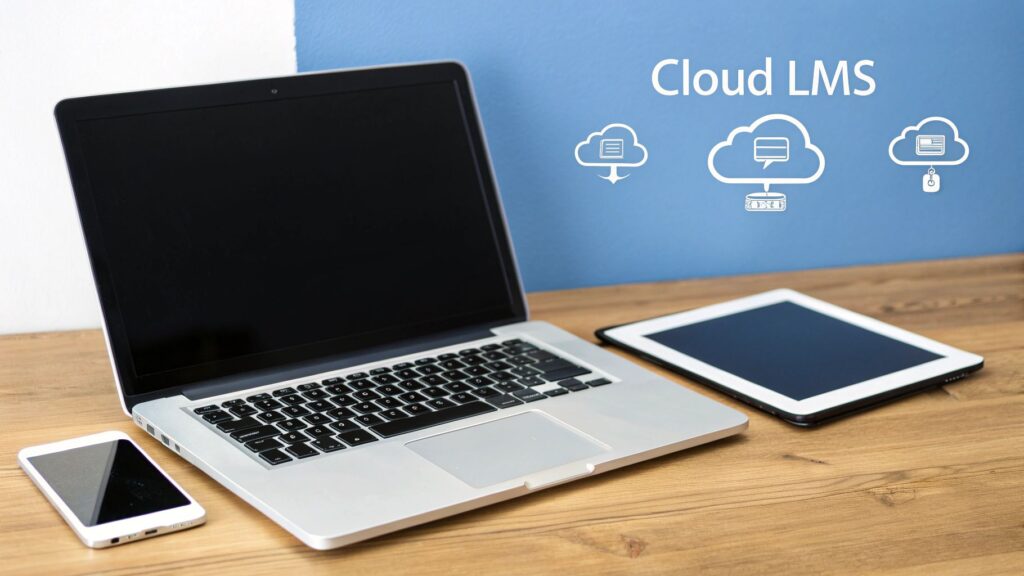 Cloud LMS platform displayed on laptop, tablet and smartphone showing cross-device learning accessibility