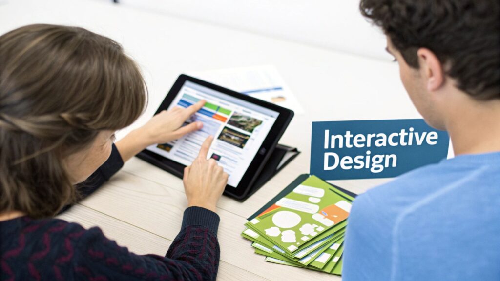 Two professionals collaborating on interactive design project using tablet and educational materials