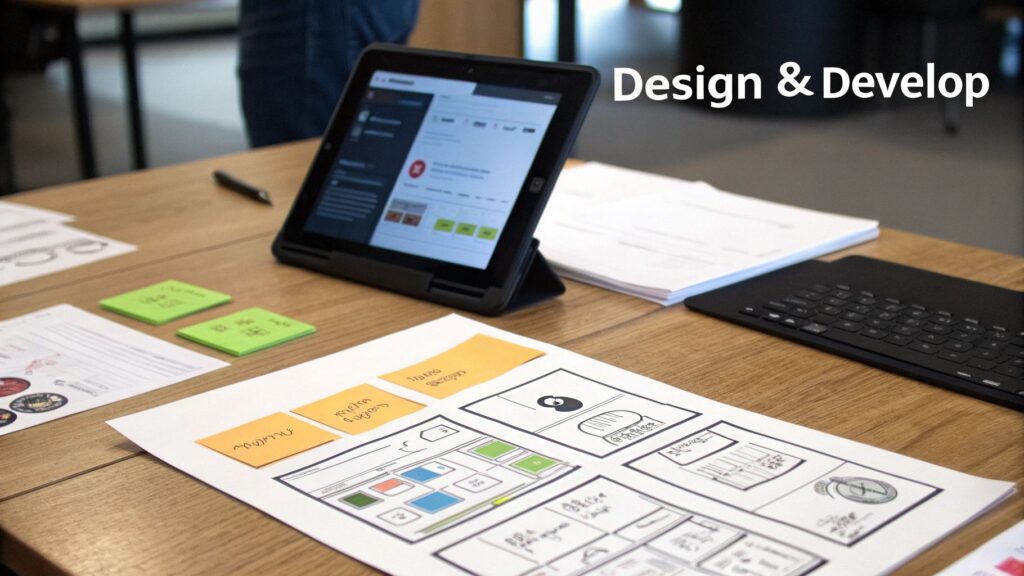 A person launching a training program on a laptop, with a rocket icon symbolizing the launch.