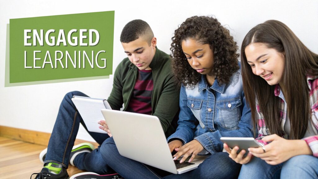 A person sitting comfortably on a couch with a laptop, learning online while holding a cup of coffee.