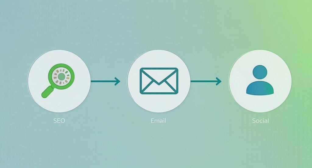 Infographic showing a smart marketing process flow with icons for SEO, Email, and Social Media.