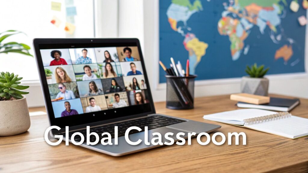 A corporate trainer leads an engaging virtual session with employees from around the world visible on screen, collaborating on a project.