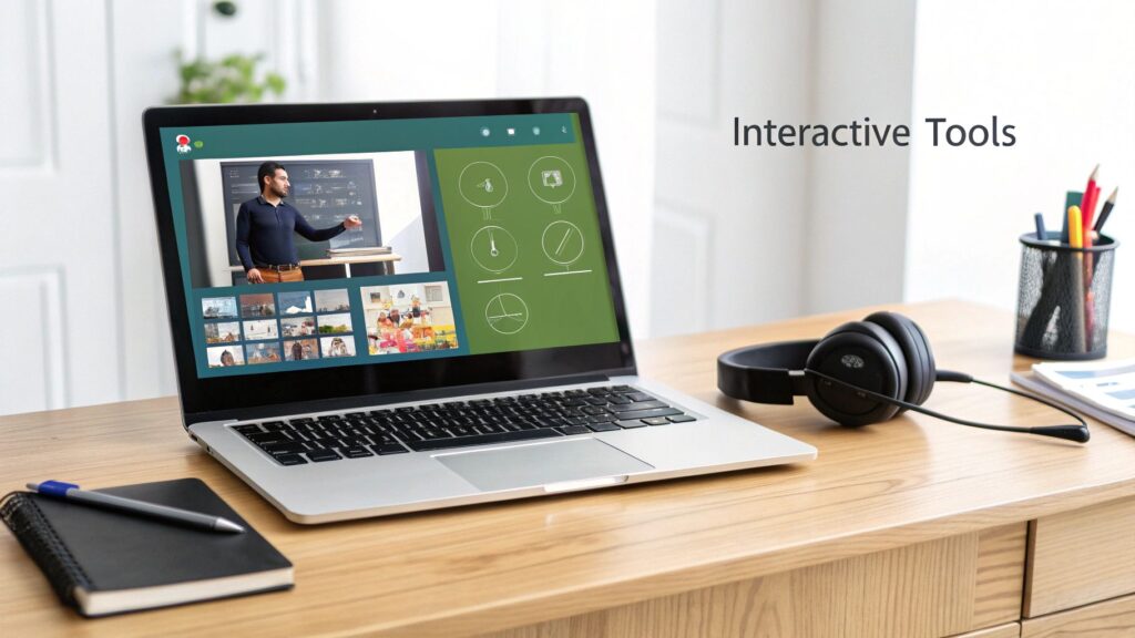 A modern virtual classroom interface showing an instructor and several students in a grid view, with interactive elements like a whiteboard and chatbox visible.