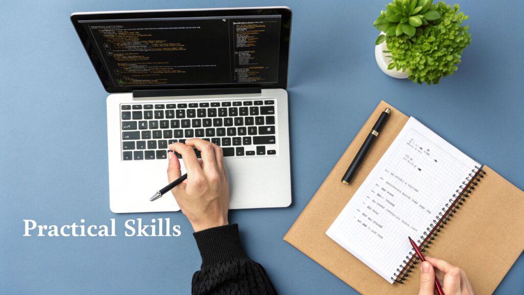 Person coding on laptop while taking notes in notebook demonstrating practical skills development