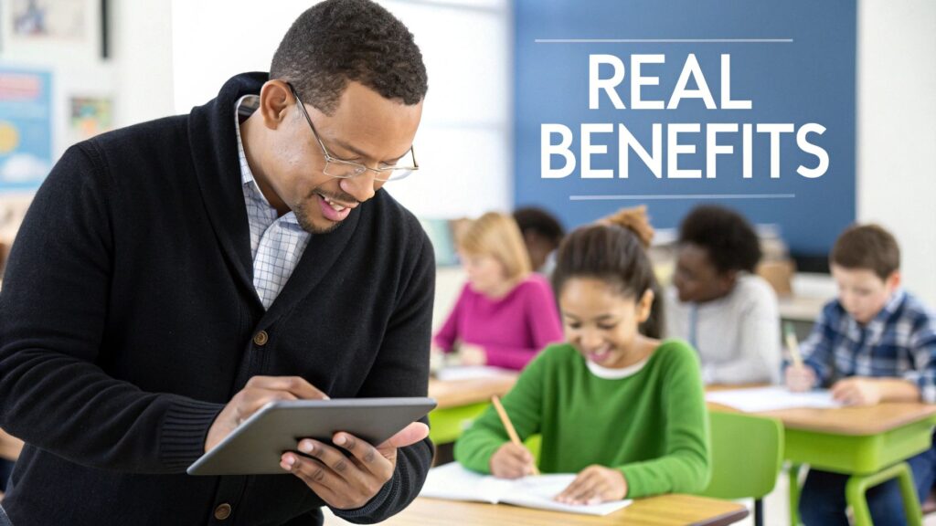 A group of students smiling and collaborating in a modern classroom setting.