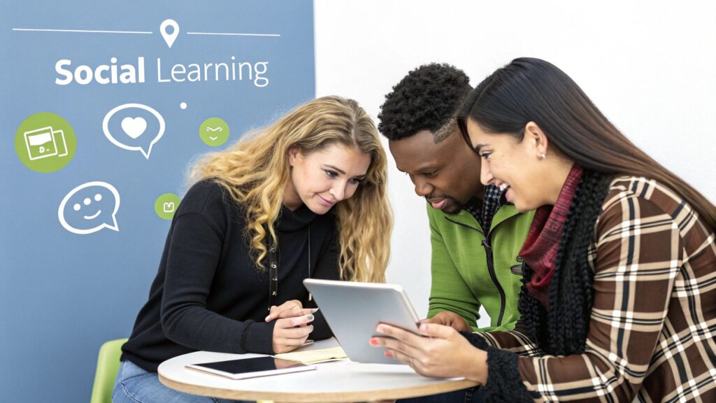 Three diverse students collaborating on tablet device for social learning management system