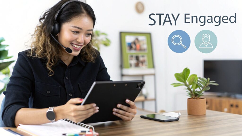 An instructor looking slightly frustrated while looking at a laptop, with icons for a weak Wi-Fi signal and a clock representing engagement issues.