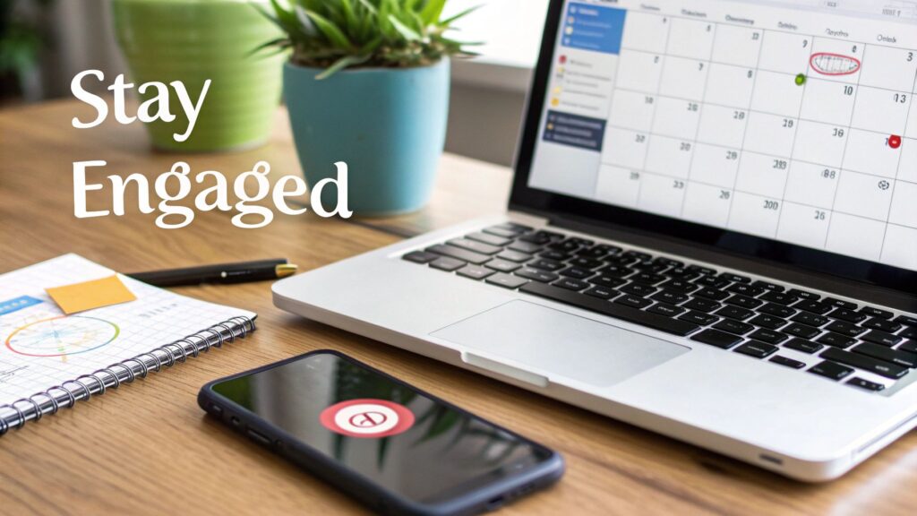 Laptop displaying calendar and smartphone on organized wooden desk with stay engaged text overlay
