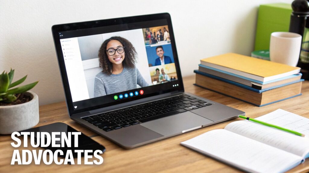 A group of diverse students collaborating and smiling in an online video call, representing a thriving course community.