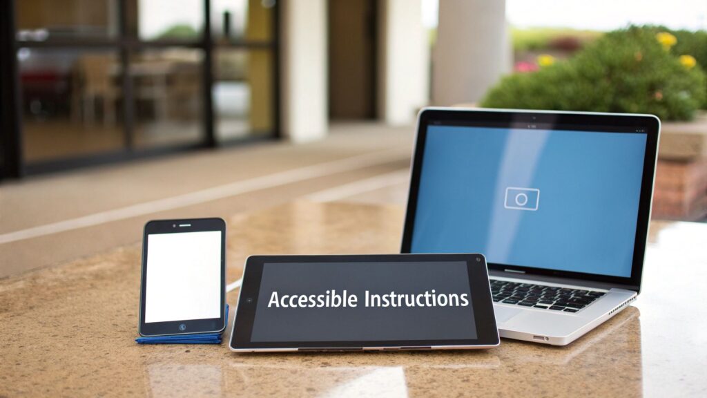 A smartphone, a tablet displaying 'Accessible Instructions', and a laptop on a textured counter surface.
