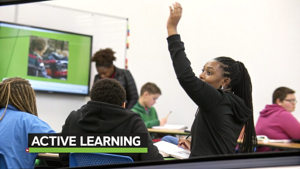 Students actively engage in a classroom, with one raising their hand and a screen displaying content.