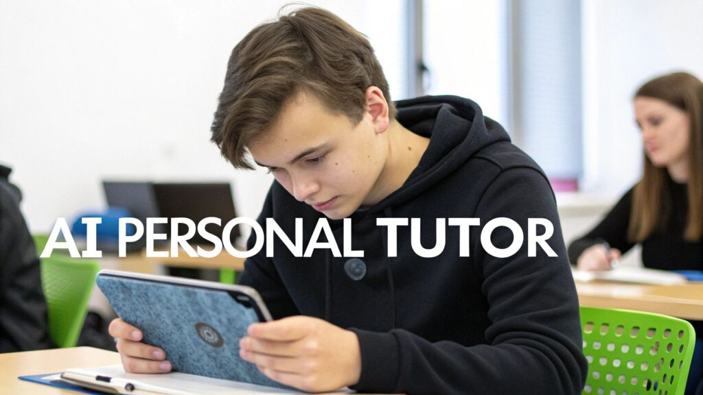A young male student in a black hoodie uses a tablet in a modern classroom, with overlay text 'AI Personal Tutor'.