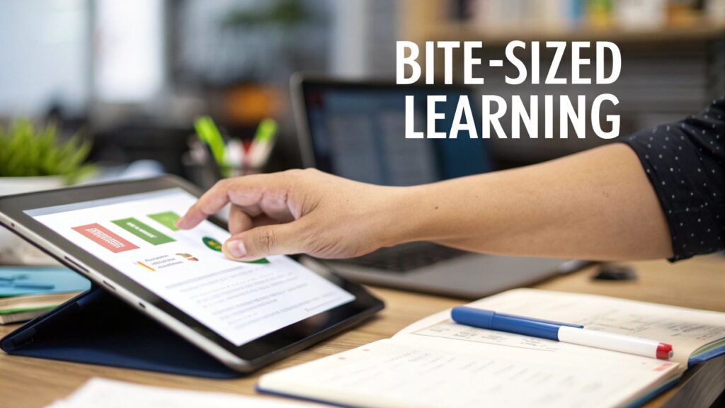 A person's hand touches a tablet displaying charts, with a laptop and notebook on a desk, highlighting "BITE-SIZED LEARNING".