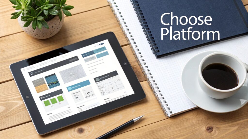 Overhead view of a desk with a tablet displaying web content, coffee, and notebooks, one titled 'Choose Platform'.