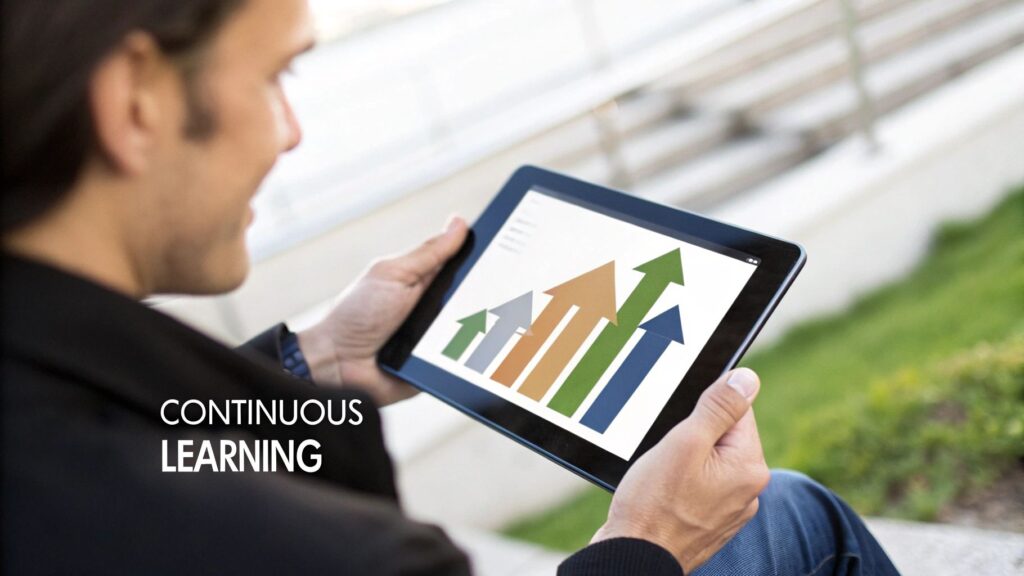 A man smiling, holding a tablet displaying upward-pointing arrows, with text 'CONTINUOUS LEARNING'.