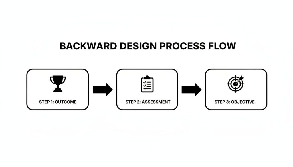Flowchart illustrating the backward design process with steps for outcome, assessment, and objective.