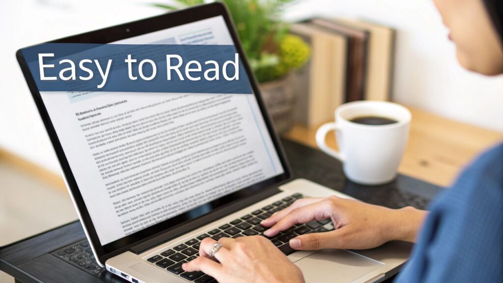 A person types on a laptop with a screen showing 'Easy to Read' text, suggesting clear content.