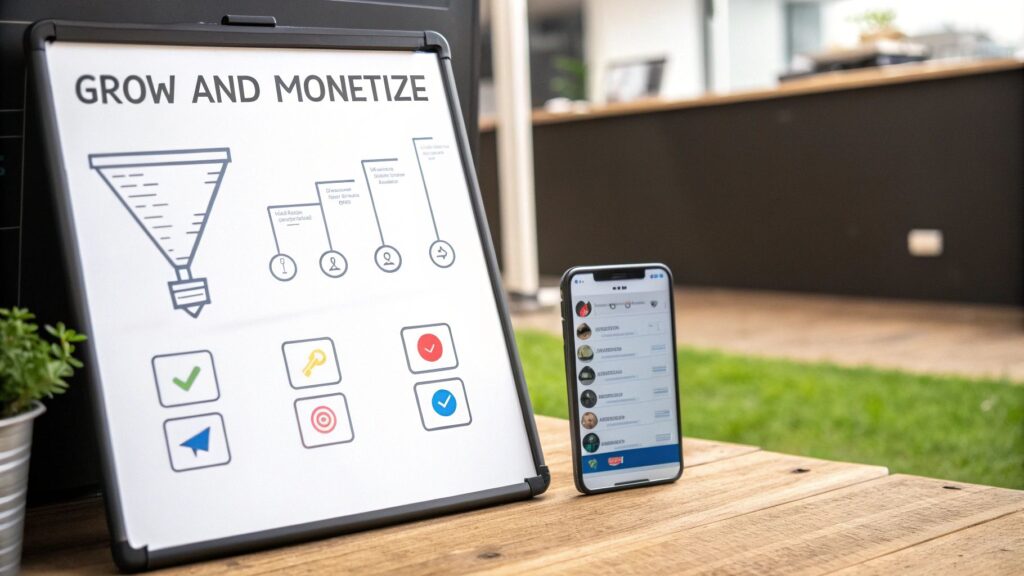 Whiteboard displaying 'GROW AND MONETIZE' diagrams, next to a smartphone showing a social media feed.