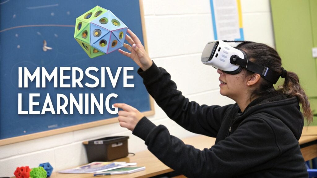 A student wearing a VR headset interacts with a floating 3D geometric shape, representing immersive learning.