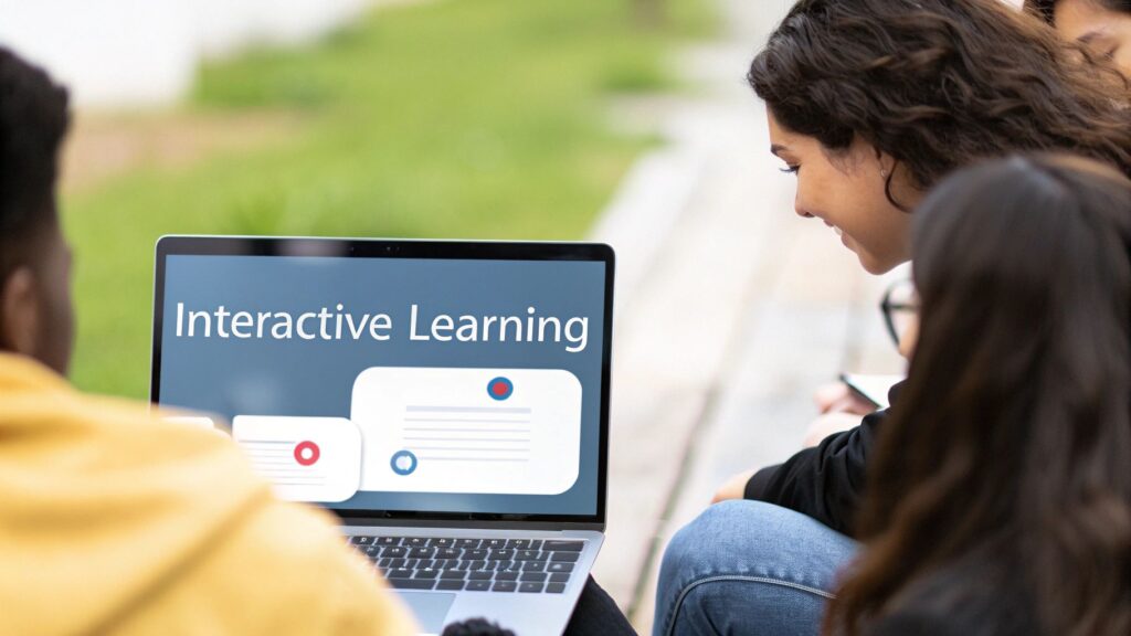 Group of diverse students engaging in interactive online learning on a laptop outdoors.